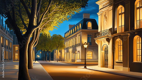 Fototapeta Naklejka Na Ścianę i Meble -  Impressionism painting, landscape of a street in Europe at night