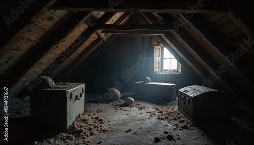 Mysterious Attic with Dusty Shadows and Light