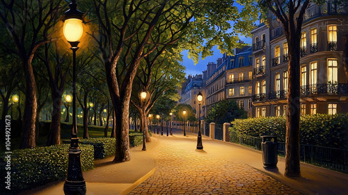 Fototapeta Naklejka Na Ścianę i Meble -  Impressionism painting, landscape of a street in Europe at night