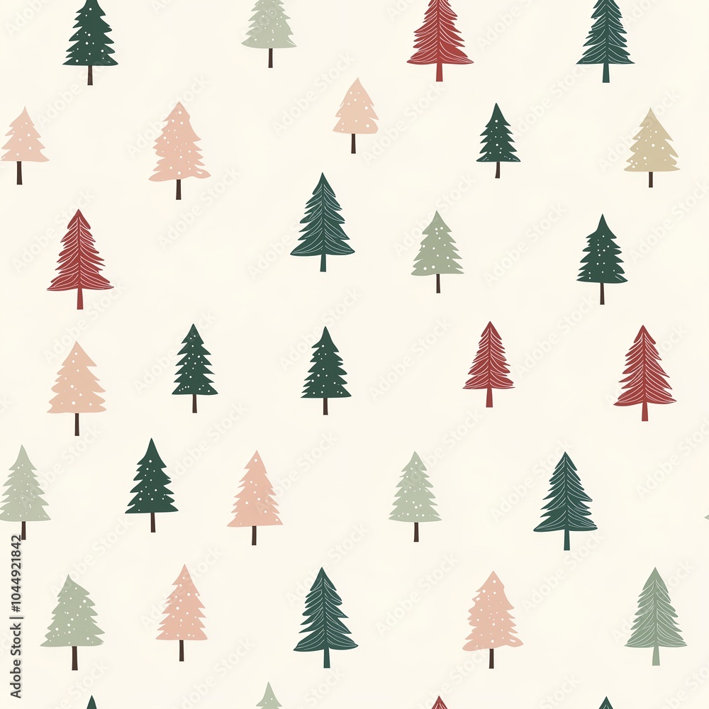 Fototapeta premium Seamless Pattern of Minimalist Christmas Trees in Red, Green, and Beige on Cream Background