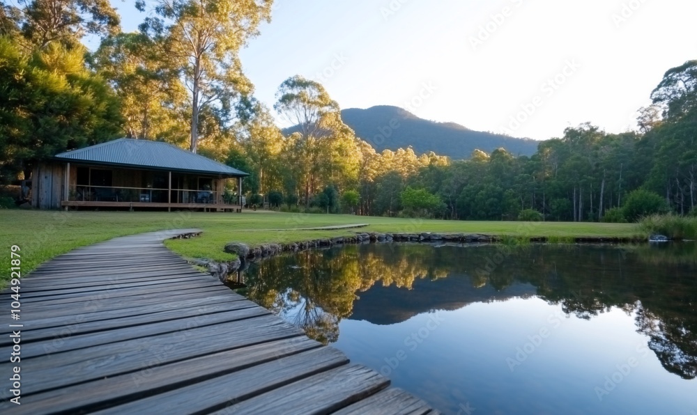 A wooden walkway leads to a pond in front of a cabin with mountains in the background. A wooden walkway leads to a pond in front of a cabin with mountains in the background.
