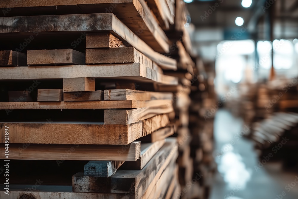 Obraz premium Close-Up of Stacked Wooden Planks in a Lumber Warehouse for Industrial and Construction Use