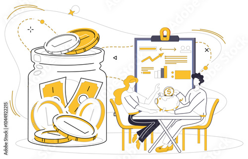 Savings account. Two people at a table with a piggy bank and a clipboard discussing finances. Ideal for financial planning, teamwork in savings, investment strategies, goal setting, and budget