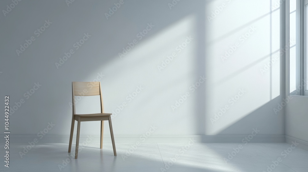 Simple wooden chair placed alone in an empty white room, minimalistic design. Simple wooden chair placed alone in an empty white room, minimalistic design.