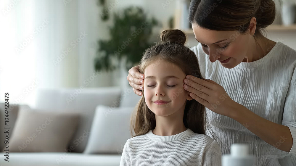 Mother Providing a Gentle Oil Massage to Her Daughter's Scalp in a Modern Minimalist Living Room.. Mother Providing a Gentle Oil Massage to Her Daughter's Scalp in a Modern Minimalist Living Room..