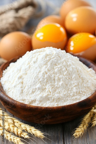 Flour in a wooden bowl on rustic wooden background with wheat ears and eggs. Selective focus. photo