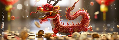 Vibrant red dragon amidst golden coins celebrating lunar festival. photo