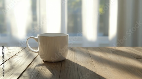 Minimalist white coffee cup on a wooden table, with soft natural lighting.