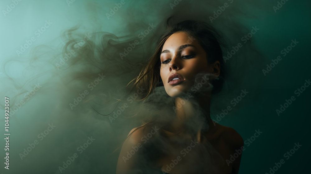 Beautiful girl shrouded in dramatic smoke. Female portrait. Beautiful woman face. Fashion pretty lady. Ethereal color smoke Beautiful girl shrouded in dramatic smoke. Female portrait. Beautiful woman face. Fashion pretty lady. Ethereal color smoke