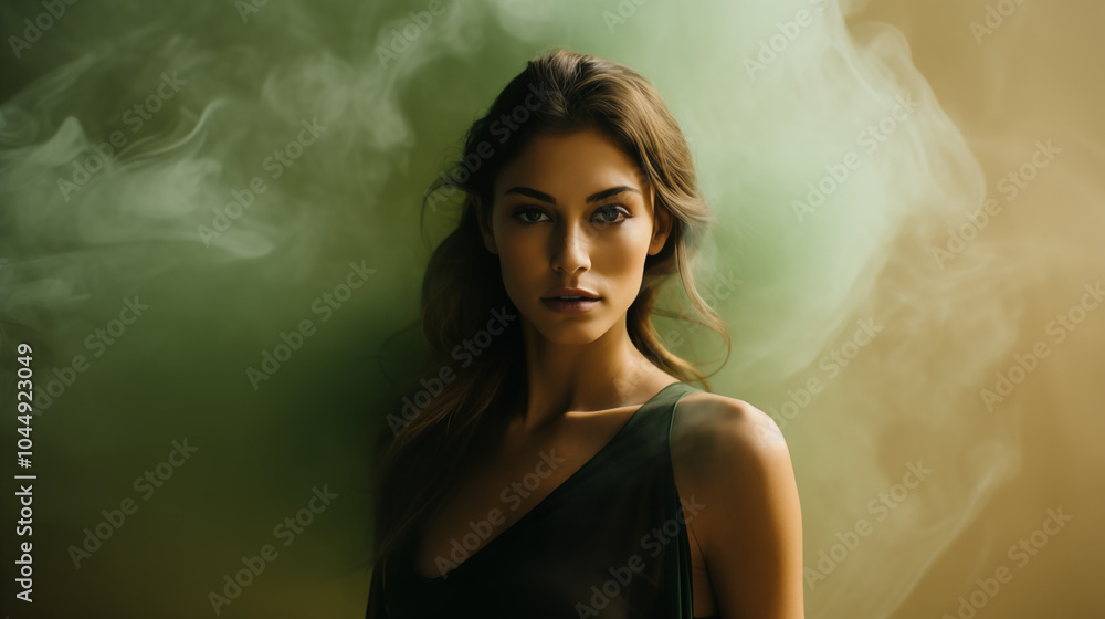 Beautiful girl shrouded in dramatic smoke. Female portrait. Beautiful woman face. Fashion pretty lady. Ethereal color smoke Beautiful girl shrouded in dramatic smoke. Female portrait. Beautiful woman face. Fashion pretty lady. Ethereal color smoke