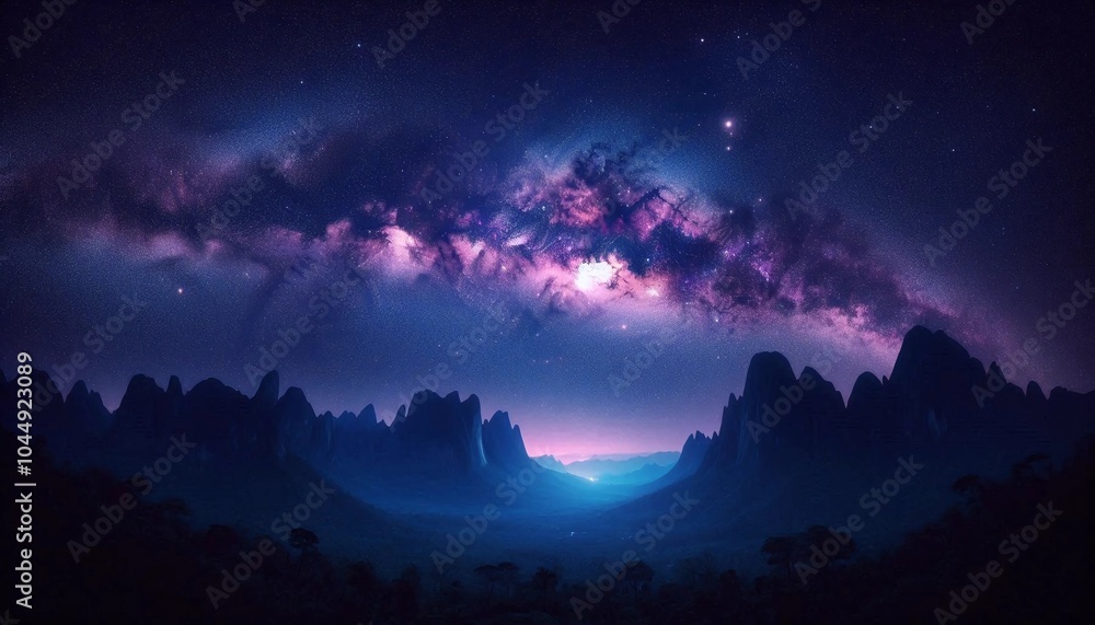 Breathtaking nightscape with the Milky Way galaxy arching over a valley surrounded by dramatic mountains. A serene blend of cosmic beauty and nature, showcasing the wonder of the universe under a star Breathtaking nightscape with the Milky Way galaxy arching over a valley surrounded by dramatic mountains. A serene blend of cosmic beauty and nature, showcasing the wonder of the universe under a star