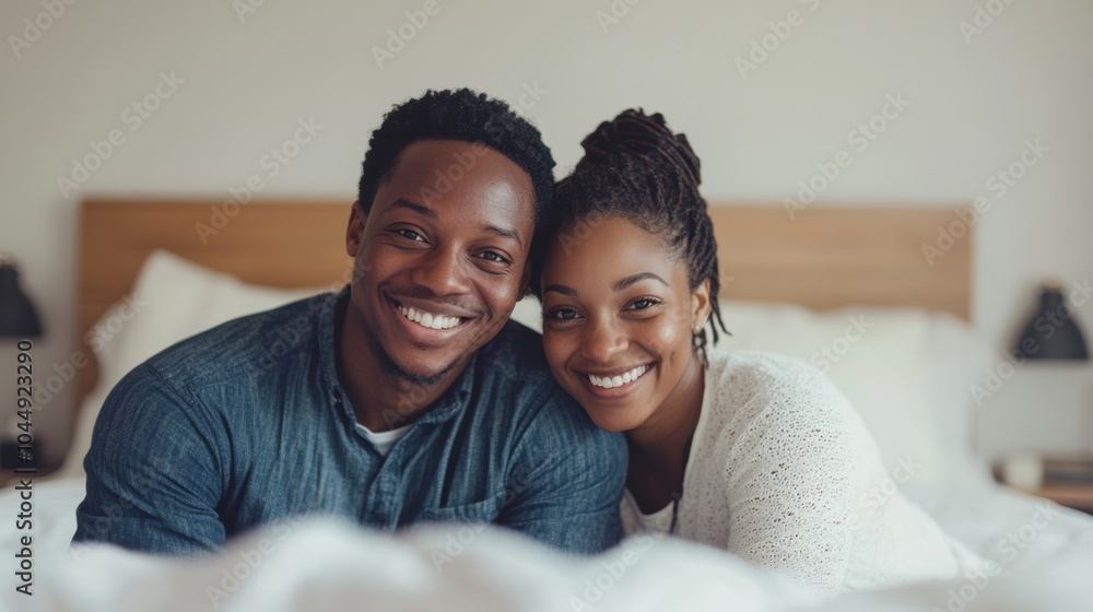 Obraz premium Excited couple smiling while sitting on a bed, minimal background, focus on their happy expressions.