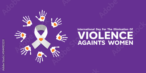 International Day for the Elimination of Violence Against Women. Heart, hand  and ribbon. Great for cards, banners, posters, social media and more. Purple background. 