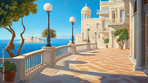 Fototapeta Naklejka Na Ścianę i Meble -  Impressionism painting, landscape of a street in Europe by the seaside