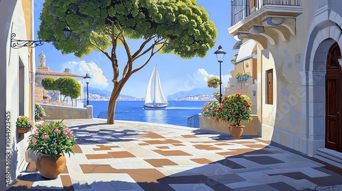 Fototapeta Naklejka Na Ścianę i Meble -  Impressionism painting, landscape of a street in Europe by the seaside