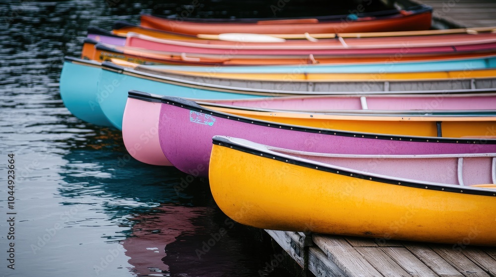 Colorful Canoes Docked by Tranquil Water Colorful Canoes Docked by Tranquil Water