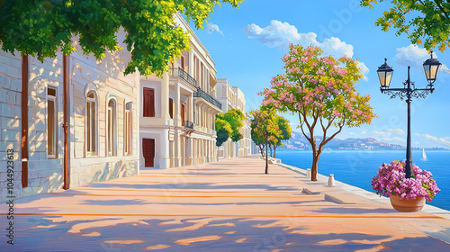 Fototapeta Naklejka Na Ścianę i Meble -  Impressionism painting, landscape of a street in Europe by the seaside