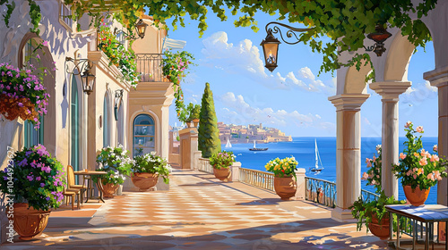 Fototapeta Naklejka Na Ścianę i Meble -  Impressionism painting, landscape of a street in Europe by the seaside