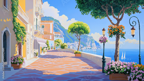 Fototapeta Naklejka Na Ścianę i Meble -  Impressionism painting, landscape of a street in Europe by the seaside