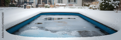 A backyard swimming pool partially frozen over in the snow