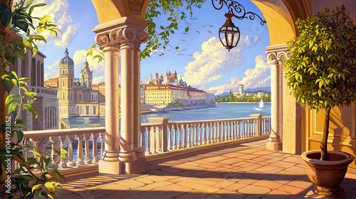 Fototapeta Naklejka Na Ścianę i Meble -  Impressionism painting, landscape of a street in Europe by the seaside