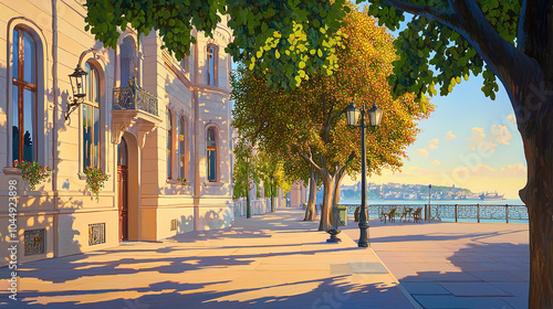 Fototapeta Naklejka Na Ścianę i Meble -  Impressionism painting, landscape of a street in Europe by the seaside