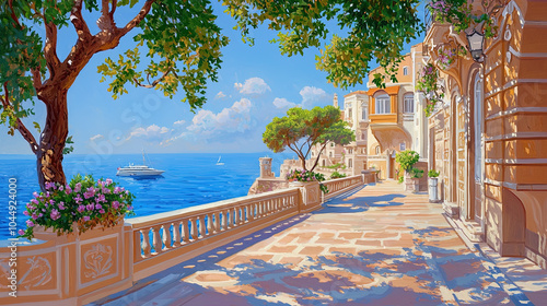 Fototapeta Naklejka Na Ścianę i Meble -  Impressionism painting, landscape of a street in Europe by the seaside