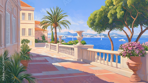 Fototapeta Naklejka Na Ścianę i Meble -  Impressionism painting, landscape of a street in Europe by the seaside