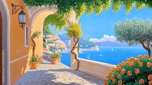 Fototapeta Naklejka Na Ścianę i Meble -  Impressionism painting, landscape of a street in Europe by the seaside