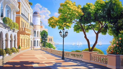 Fototapeta Naklejka Na Ścianę i Meble -  Impressionism painting, landscape of a street in Europe by the seaside