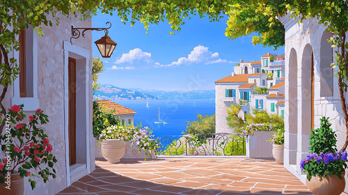 Fototapeta Naklejka Na Ścianę i Meble -  Impressionism painting, landscape of a street in Europe by the seaside