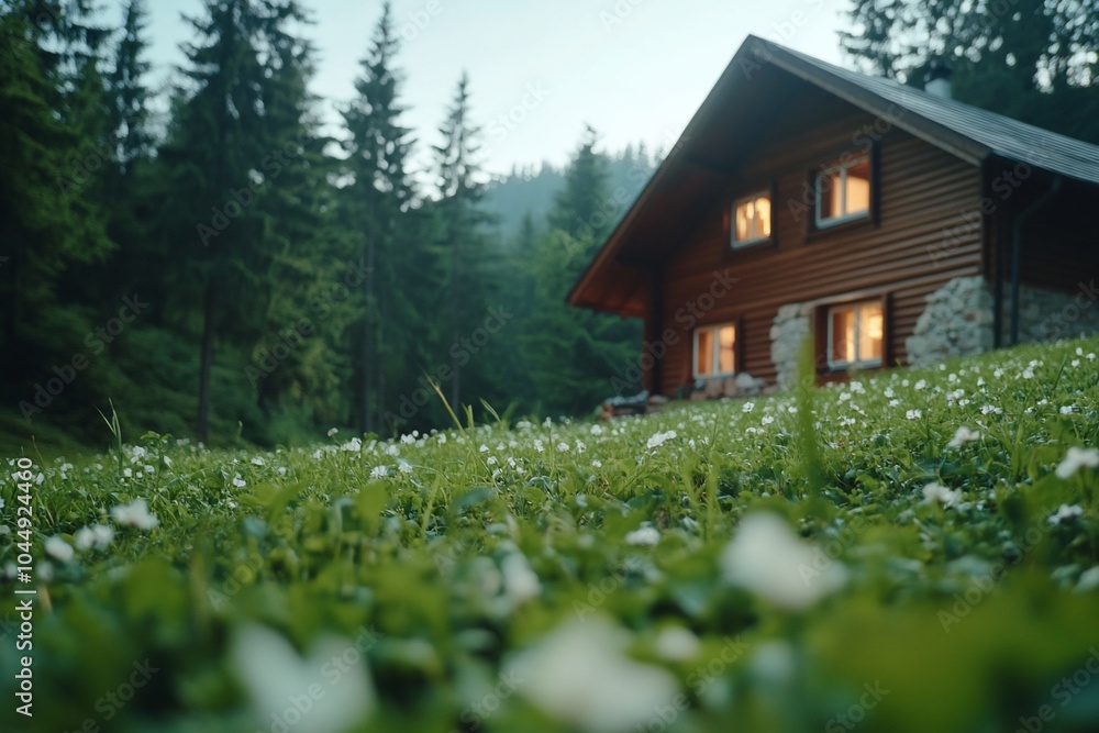 Cozy wooden cabin nestled in a lush green meadow with white wildflowers in the foreground. Cozy wooden cabin nestled in a lush green meadow with white wildflowers in the foreground.