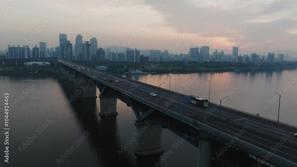 Morning Glow Over Seoul’s Han River - Bridge with Subway and Roadway Scene Morning Glow Over Seoul’s Han River - Bridge with Subway and Roadway Scene