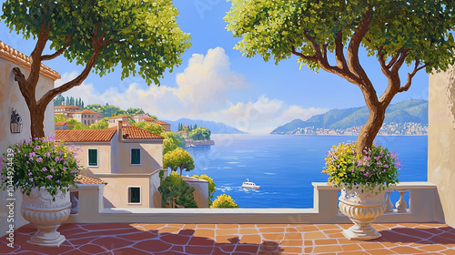 Fototapeta Naklejka Na Ścianę i Meble -  Impressionism painting, landscape of a street in Europe by the seaside