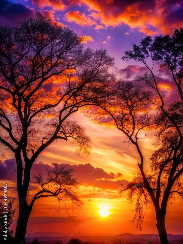 Fototapeta premium peaceful landscape silhouetted trees against vibrant orange and violet sunset sky