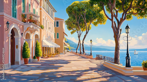 Fototapeta Naklejka Na Ścianę i Meble -  Impressionism painting, landscape of a street in Europe by the seaside