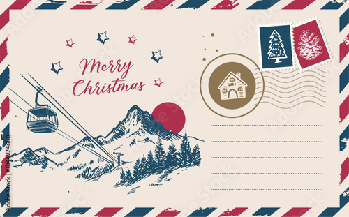 Christmas mail with mountains, postcard, hand drawn illustration.	
