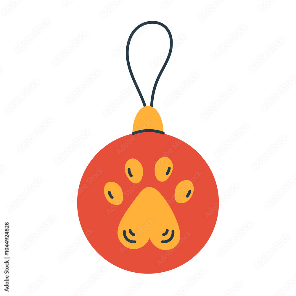 Christmas Bauble with paw print. Xmas decoration. Hanging Red ball with cat or dog footprint. Pet Holiday symbol. Vector illustration in flat style Christmas Bauble with paw print. Xmas decoration. Hanging Red ball with cat or dog footprint. Pet Holiday symbol. Vector illustration in flat style