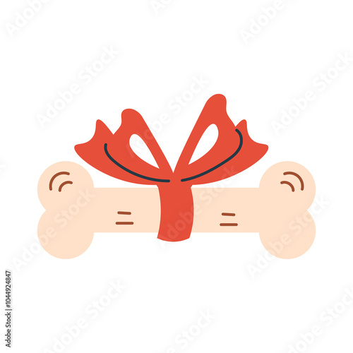 Bone with Red Tied Bow. Gift for dogs with ribbon, knot. Birthday or Christmas present for pets. Flat design. Vector illustration