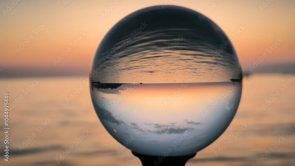 sunset by the Adriatic sea in Porec, seen through the glass lensball sunset by the Adriatic sea in Porec, seen through the glass lensball