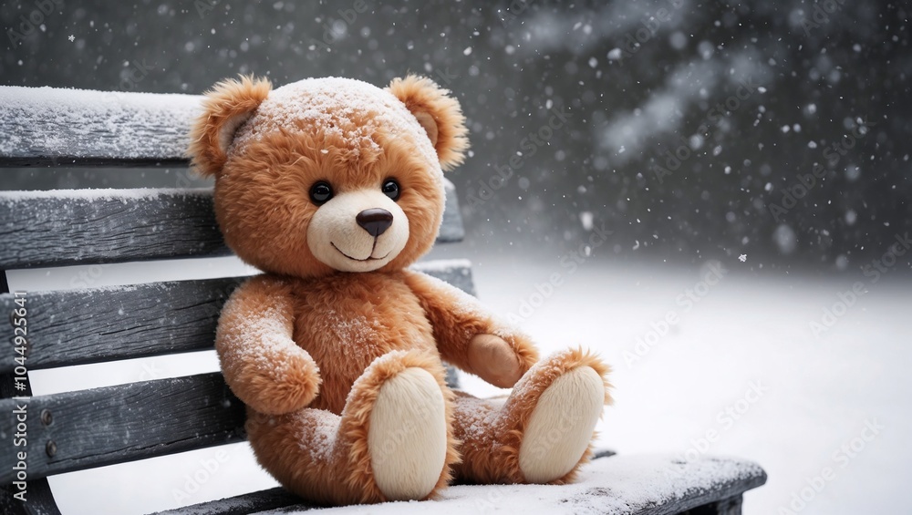 teddy bear toy, sitting on a bench during snowfall teddy bear toy, sitting on a bench during snowfall