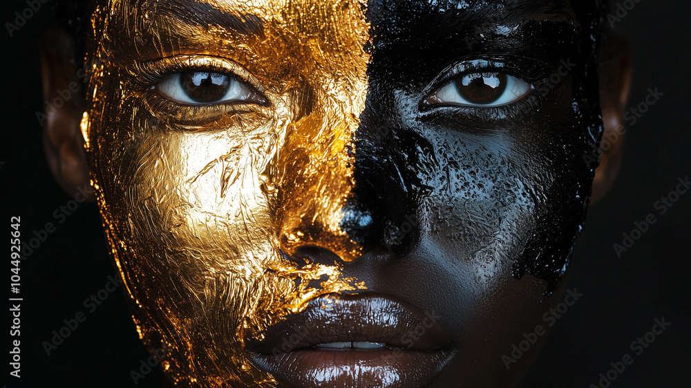 Unique Fashion Model’s Face with Shimmering Golden Liquid and Dark Oil Paint for a Bold Look.. Unique Fashion Model’s Face with Shimmering Golden Liquid and Dark Oil Paint for a Bold Look..