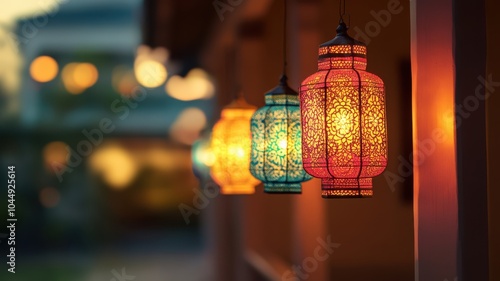 Colorful Diwali paper lanterns casting intricate shadows, glowing softly in the evening light, with a blurred background of festive decorations and sky. Diwali photo