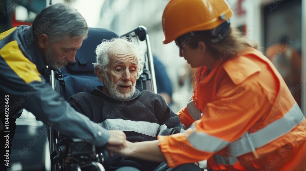 A man in a wheelchair is being helped by two people A man in a wheelchair is being helped by two people