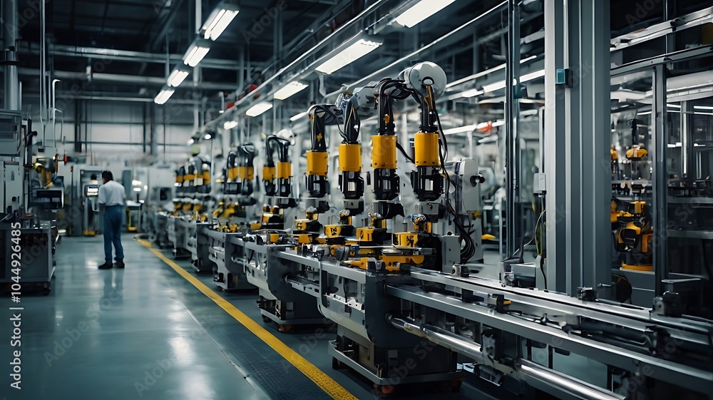 Automated Production Line with Industrial Robots Performing Tasks in a Factory Automated Production Line with Industrial Robots Performing Tasks in a Factory