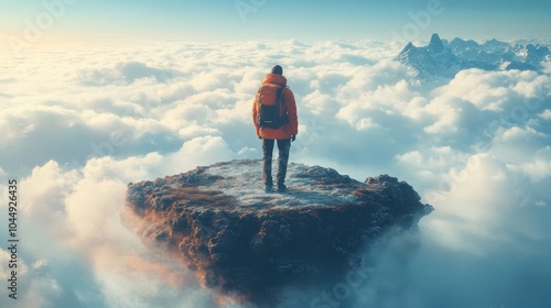 Person standing on a rock above the clouds