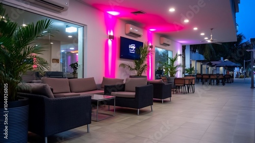 Modern hotel lounge with pink lighting, comfortable seating, and tropical plants.