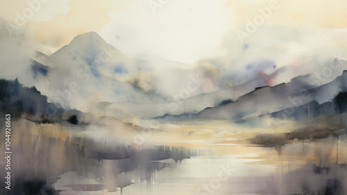 Minimalist watercolor landscape painting. Calm lake and and misty mountains with gentle slopes.