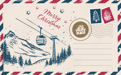 Christmas mail with mountains, postcard, hand drawn illustration.	
