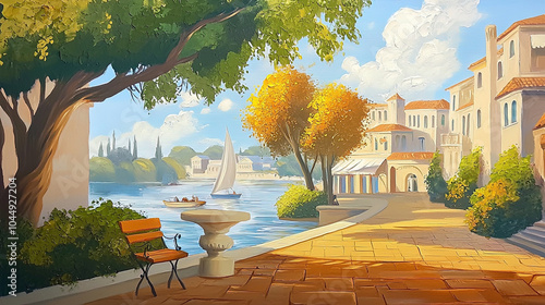 Fototapeta Naklejka Na Ścianę i Meble -  Impressionism painting, landscape of a street in Europe